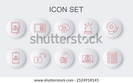 Set line Server, Data, Web Hosting, Mobile with exclamation mark, Cloud computing lock, Laptop, Tablet, Safe, Open padlock and Cryptocurrency key icon. Vector