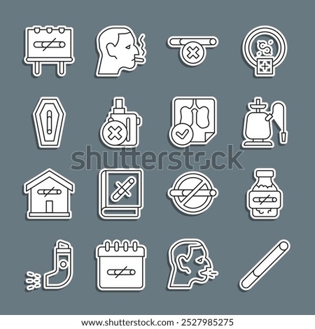 Set line Cigarette, Nicotine gum in blister pack, Hookah, No smoking, electronic cigarette, Death from,  and Lungs x-ray diagnostics icon. Vector