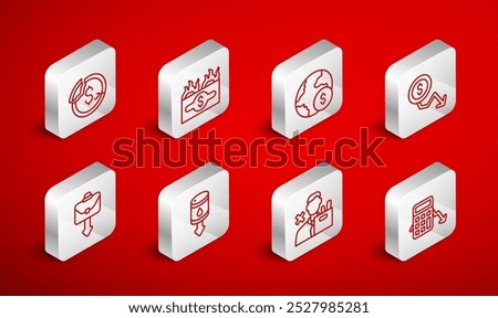 Set line Calculation of expenses, Burning dollar bill, Global economic crisis, Dollar rate decrease, Employee dismissal, Drop crude oil price and Briefcase icon. Vector