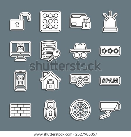 Set line Security camera, Spam, Password protection, Folder and lock, Server security with key, Lock computer monitor, Open padlock and Incognito mode icon. Vector