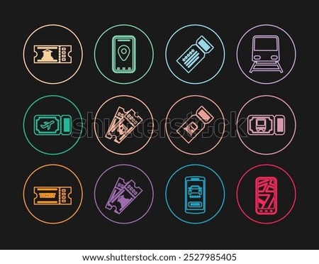 Set line Infographic of city map, Bus ticket, Ticket, Airline, Museum, Train and  icon. Vector