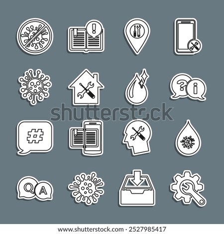 Set line Wrench and gear, Dirty water drop, Question Exclamation, Location service, House, Bacteria, Stop virus, bacteria and Clean icon. Vector