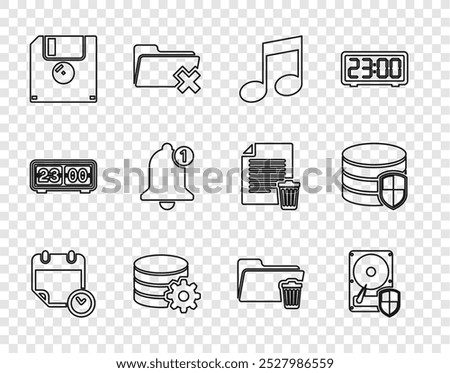 Set line Calendar and clock, Hard disk drive HDD protection, Music note, tone, Setting database server, Floppy, Bell, Delete folder and Database icon. Vector