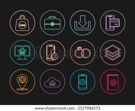 Set line Medical book, Layers, Download, Setting on smartphone, Monitor with shopping basket, Weight pounds, Wedding rings and Toolbox icon. Vector