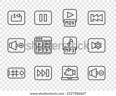 Set line Selfie on mobile, Speaker mute, MOV file, Fast forward, Repeat track music player, Music playlist, Online video and settings icon. Vector