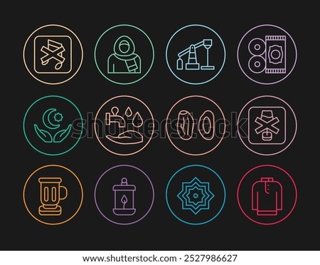 Set line Shirt kurta, No alcohol, Oil pump or pump jack, Wudhu, Star and crescent, Speaker mute, Date fruit and Muslim woman in hijab icon. Vector