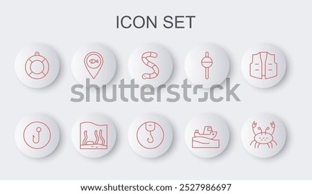 Set line Crab, Fishing hook, Worm, boat on water, Lifebuoy, Location fishing, Aquarium and  icon. Vector