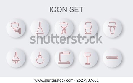 Set line Fluorescent lamp, Chandelier, Floor, Wall sconce, Lamp hanging and Table icon. Vector