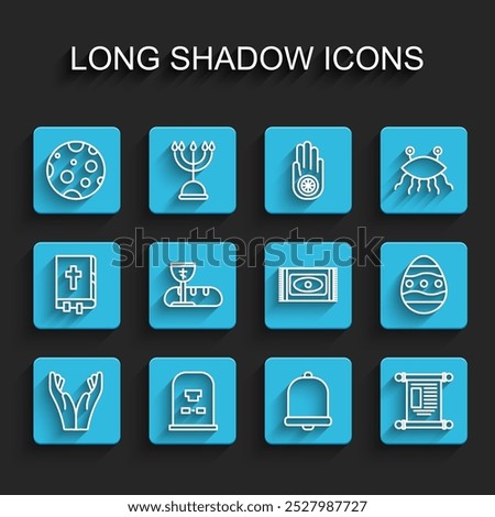 Set line Hands in praying position, Tombstone with RIP written, Moon, Church bell, Decree, paper, parchment, scroll, First communion symbols, Easter egg and Traditional carpet icon. Vector