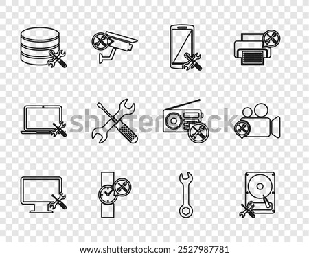 Set line Computer monitor service, Hard disk drive, Smartphone, Wrist watch, Database server, Crossed screwdriver and wrench, Wrench and Video camera icon. Vector