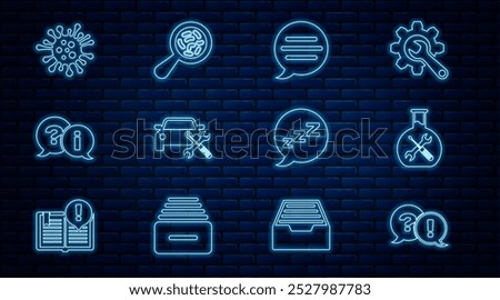 Set line Question and Exclamation, Bioengineering service, Speech bubble chat, Car, Bacteria, with snoring and Microorganisms under magnifier icon. Vector