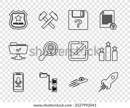 Set line Mobile recording, Rocket ship with fire, Unknown document, Folder tree, Police badge, Search location, UFO flying spaceship and alien and Ranking star icon. Vector