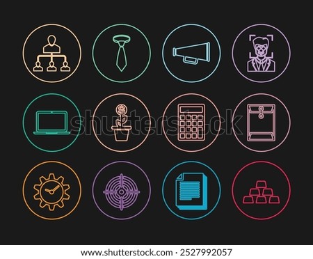 Set line Gold bars, Envelope, Megaphone, Dollar plant in the pot, Laptop, Referral marketing, Calculator and Tie icon. Vector