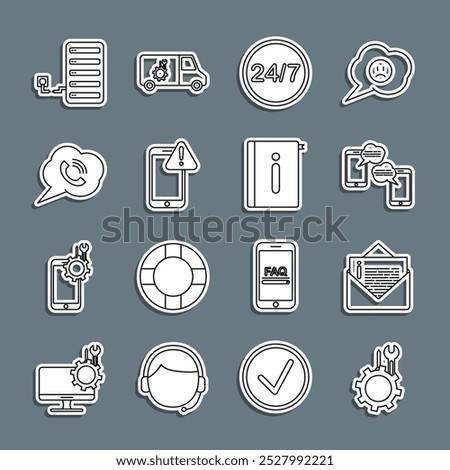 Set line Wrench and screwdriver in gear, Envelope, Chat messages on mobile, Clock 24 hours, Mobile with exclamation mark, Speech bubble phone call, Server and User manual icon. Vector