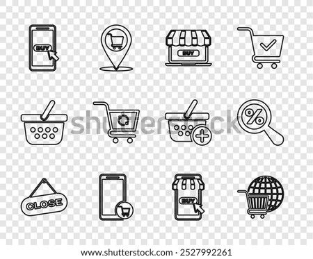 Set line Hanging sign with Close, Shopping cart globe, Online shopping, Mobile and, Refresh,  and Magnifying glass percent icon. Vector