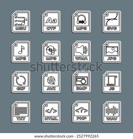 Set line WAV file document, JS, JPG, MP3, M3U and WMA icon. Vector