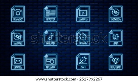 Set line RUBY file document, JS, MP4, MP3, RAW, DLL and DOC icon. Vector