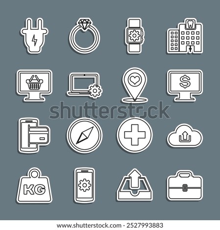 Set line Toolbox, Cloud upload, Monitor with dollar, Smartwatch setting, Laptop and gear, shopping basket, Electric plug and Map pointer heart icon. Vector