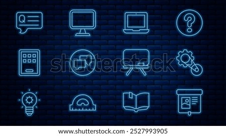 Set line Projection screen, Timing belt kit, Laptop, Speech bubble chat, Graphic tablet, bubbles with Question, Chalkboard and Computer monitor icon. Vector