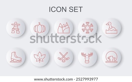 Set line Montreal Biosphere, Skates, Mountains, Moose head with horns, Inukshuk, Pumpkin, Canadian maple leaf and Ice hockey sticks and puck icon. Vector