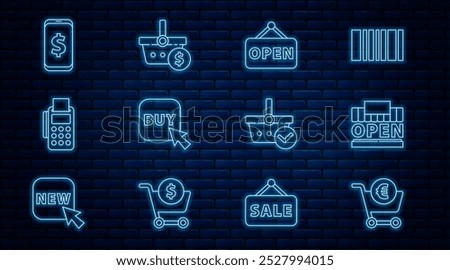 Set line Shopping cart and euro, building open, Hanging sign with Open, Buy button, POS terminal credit card, Smartphone dollar, basket check mark and  icon. Vector