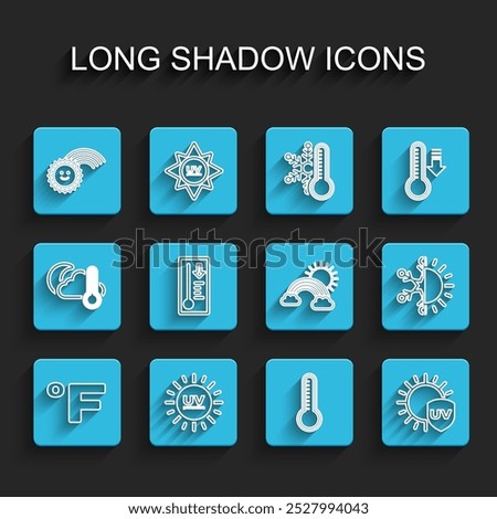 Set line Fahrenheit, UV protection, Rainbow with sun, Meteorology thermometer, Sun and snowflake and clouds icon. Vector