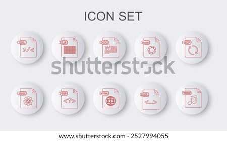 Set line WAV file document, MAX, DOC, XML, XSL, XLS, PHP and HTML icon. Vector