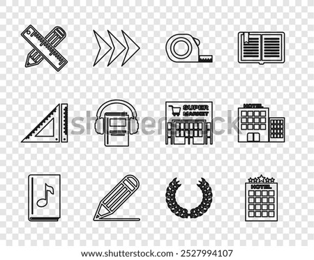 Set line Audio book, Hotel building, Roulette construction, Pencil and line, Crossed ruler pencil, Laurel wreath and  icon. Vector