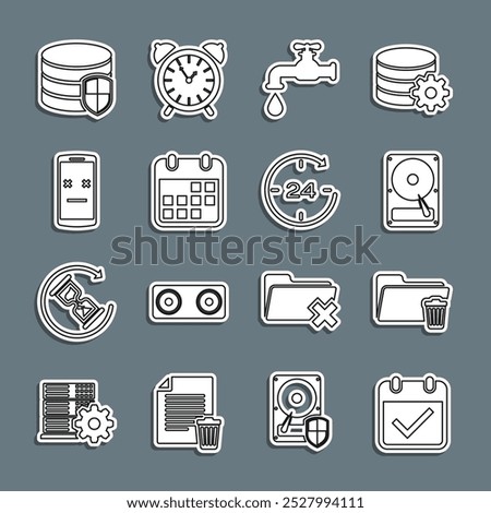 Set line Calendar with check mark, Delete folder, Hard disk drive HDD, Water tap, Dead mobile, Database protection and Clock 24 hours icon. Vector