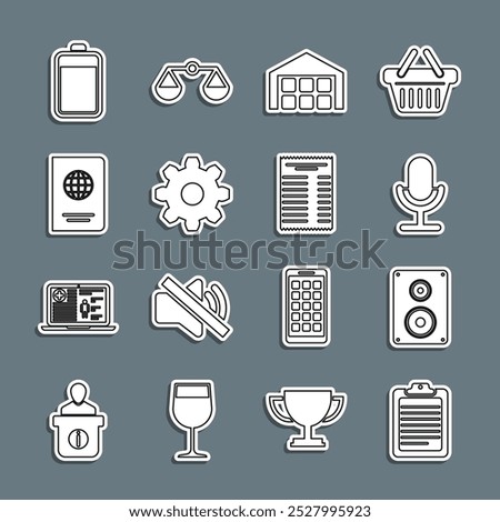 Set line Clipboard with document, Stereo speaker, Microphone, Warehouse, Cogwheel gear settings, Passport, Battery and Paper financial check icon. Vector