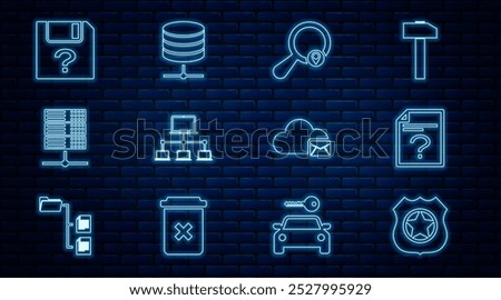 Set line Police badge, Unknown document, Search location, Computer network, Server, Data, Web Hosting, Cloud mail server and  icon. Vector