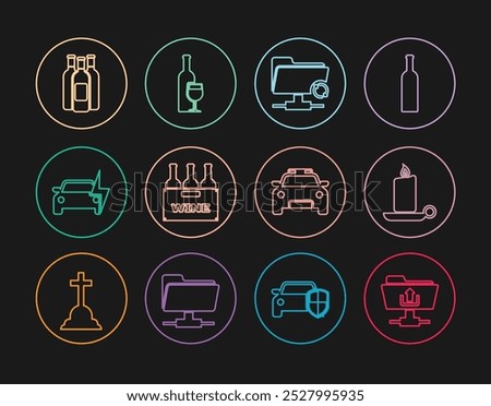 Set line FTP folder upload, Burning candle in candlestick, sync refresh, Bottles of wine box, Electric car, Police flasher and Wine bottle with glass icon. Vector