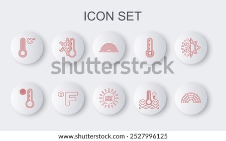 Set line Rainbow, Meteorology thermometer, Water, Thermometer with snowflake, Fahrenheit and UV protection icon. Vector