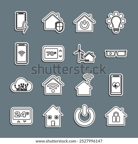 Set line House under protection, Mobile with heart rate, Smart glasses, home, Thermostat, wi-fi wireless, charging battery and wind turbine icon. Vector