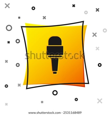 Black Microphone icon isolated on white background. On air radio mic microphone. Speaker sign. Yellow square button. Vector