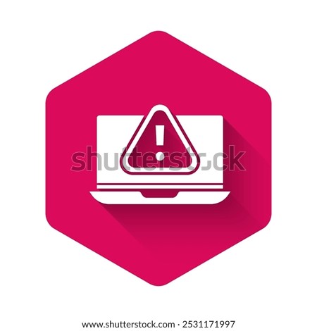 White Laptop with exclamation mark icon isolated with long shadow. Alert message smartphone notification. Pink hexagon button. Vector