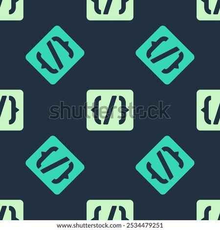 Green and beige Programming language syntax icon isolated seamless pattern on blue background. Syntax programming file system.  Vector