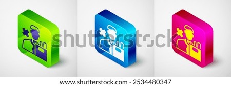 Isometric Dismissed sad young man carrying box with his personal belonging leaving his job icon isolated on grey background. Employee fired from work. Square button. Vector