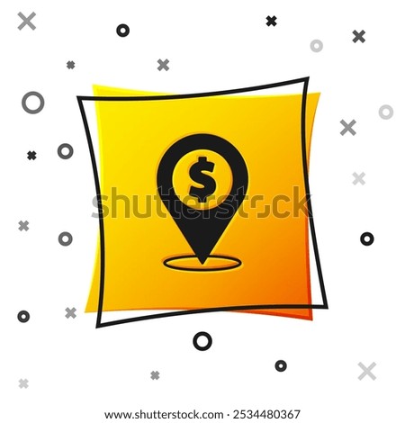 Black Cash location pin icon isolated on white background. Pointer and dollar symbol. Money location. Business and investment concept. Yellow square button. Vector