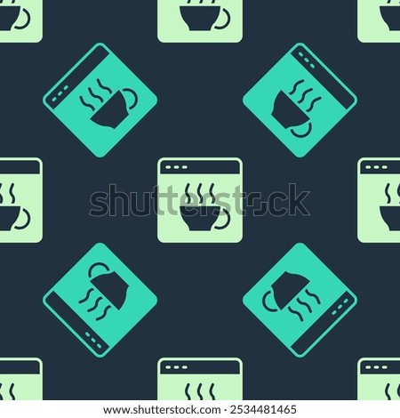 Green and beige Software, web developer programming code icon isolated seamless pattern on blue background. Javascript computer script random parts of program code.  Vector