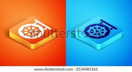 Isometric Dharma wheel icon isolated on orange and blue background. Buddhism religion sign. Dharmachakra symbol.  Vector