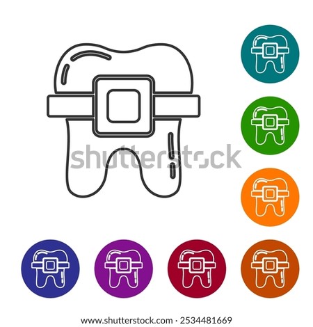 Black line Teeth with braces icon isolated on white background. Alignment of bite of teeth, dental row with with braces. Dental concept. Set icons in color circle buttons. Vector