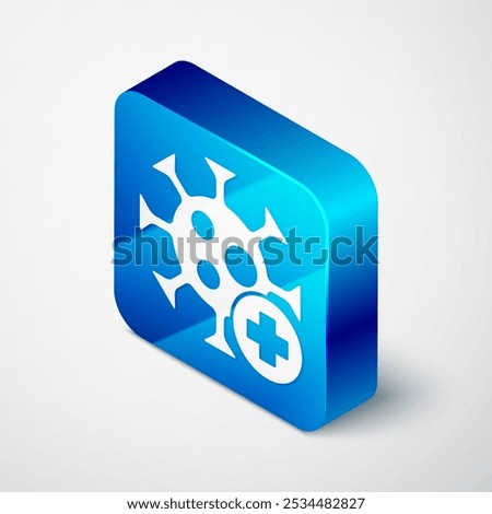 Isometric Positive virus icon isolated on grey background. Corona virus 2019-nCoV. Bacteria and germs, cell cancer, microbe, fungi. Blue square button. Vector