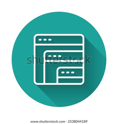 White line Software, web developer programming code icon isolated with long shadow background. Javascript computer script random parts of program code. Green circle button. Vector