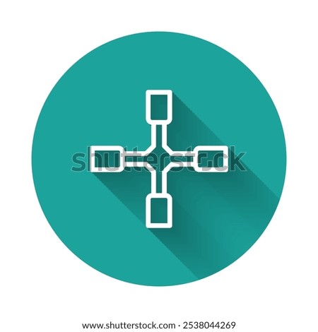 White line Wheel wrench icon isolated with long shadow background. Wheel brace. Green circle button. Vector