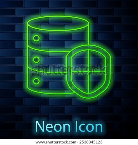 Glowing neon line Server with shield icon isolated on brick wall background. Protection against attacks. Network firewall, router, switch, data.  Vector Illustration