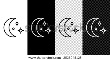 Set line Moon and stars icon isolated on black and white background. Cloudy night sign. Sleep dreams symbol. Night or bed time sign.  Vector Illustration