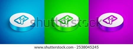 Isometric line Mobile phone with wrench icon isolated on blue, green and purple background. Adjusting, service, setting, maintenance, repair. White circle button. Vector