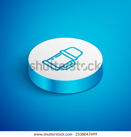 Isometric line Thermos container icon isolated on blue background. Thermo flask icon. Camping and hiking equipment. White circle button. Vector Illustration