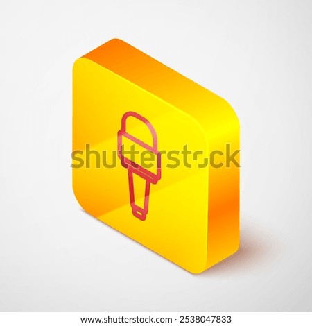 Isometric line Microphone icon isolated on grey background. On air radio mic microphone. Speaker sign. Yellow square button. Vector